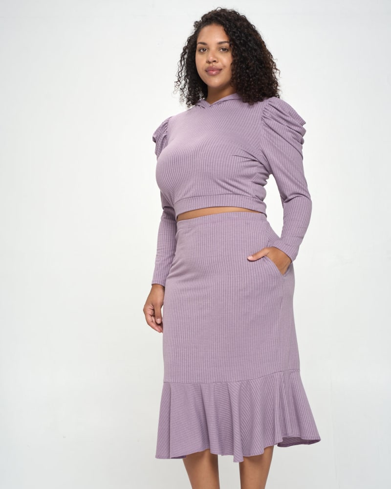 Front of a model wearing a size 2X Carmen Top and Skirt Set in Purple Ash by L I V D. | dia_product_style_image_id:241036